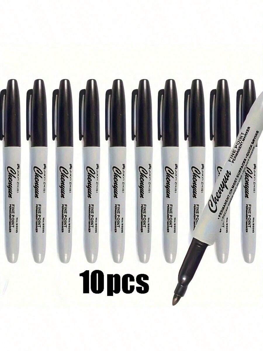 10 Pieces Of Fine-Point Black Permanent Marker Pens, Ultra-Black Ink, One Stroke Shows Color, Dries In 5 Seconds, Great For Left-Handed Users, Does Not Smudge Even When Covering With Fluorescent Pens. Ideal For Marking In Textbooks And Notes, Suitable For All Materials: Paper, Whiteboard, Glass, Plastic, Fabric. Suitable For Office Work And School Study,School Supplies,Shop Back To School .