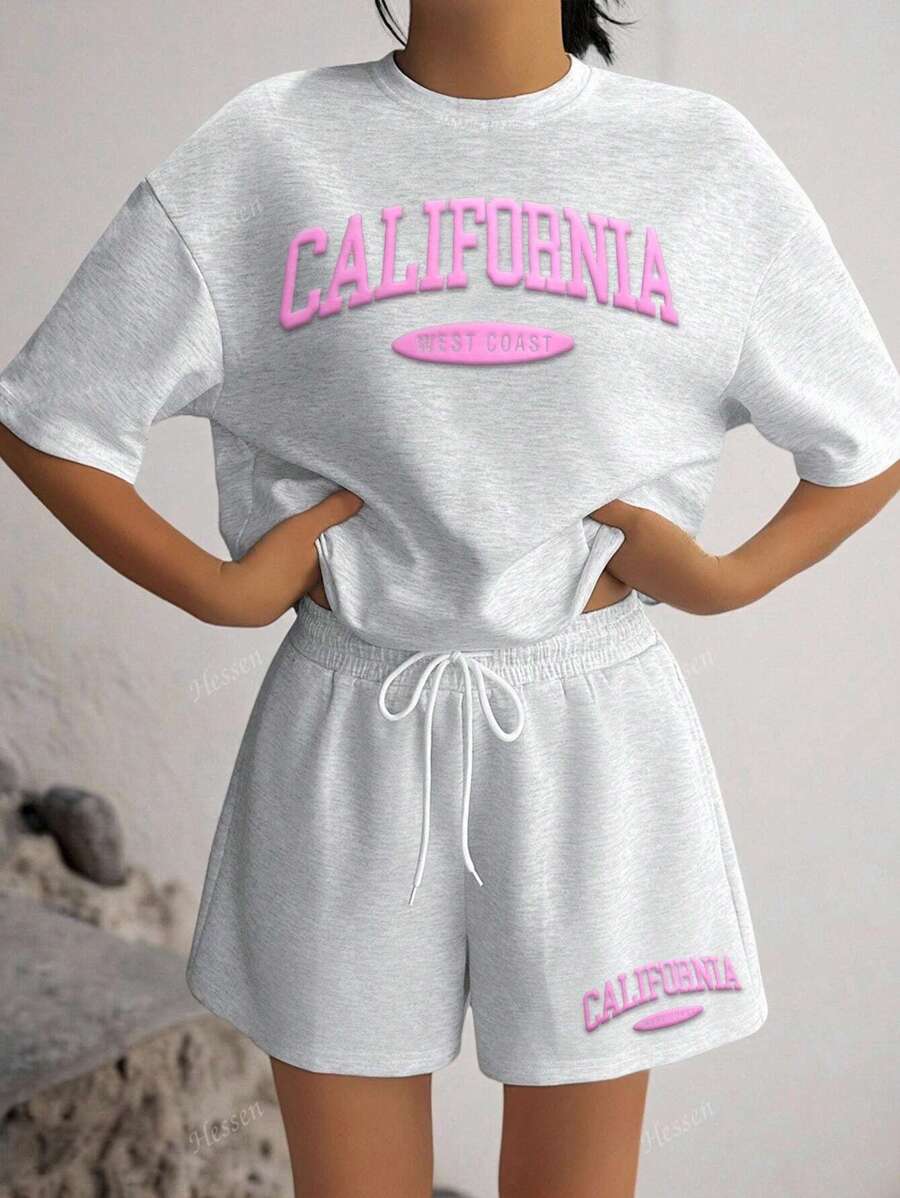 2pcs/Set Plus Size Women Casual Round Neck T-Shirt And Drawstring Pocket Shorts Co-Ord Set