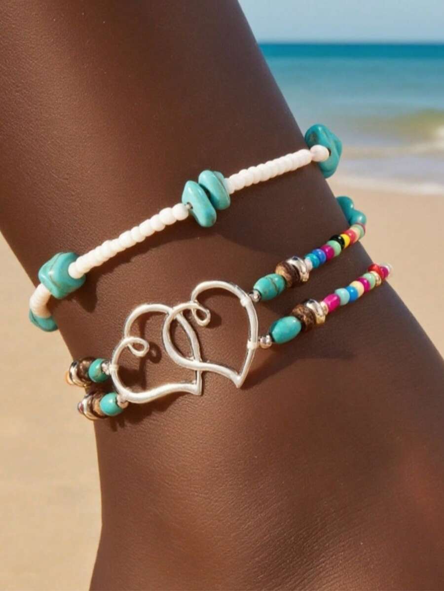 Tobillera elástica con doble corazón de metal y cuentas de turquesa, estilo resort de moda, apta para parejas de vacaciones