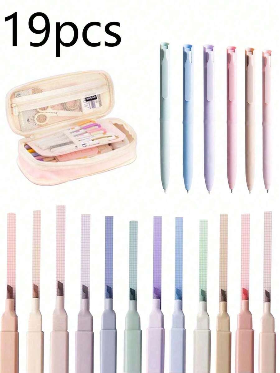 19-Piece Stationery Set, Beautiful School Supplies, Including A Large-Capacity Pencil Case, Highlighters, Gel Pens, Study Sets, And College Essential Back-To-School Gifts , Back To School Gifts