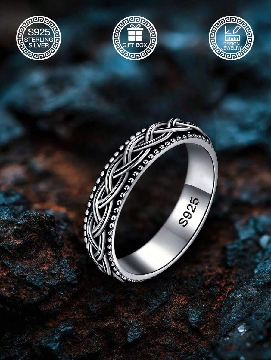 1 Stück S925 Sterling Silber Vintage geflochtener Twist Ring, rotierender Lebensbaum Stressabbau Ring für Männer & Frauen, Geschenk zum Valentinstag, Halloween, Geburtstag, geeignet für den täglichen Gebrauch und Partys, kommt mit Geschenkbox