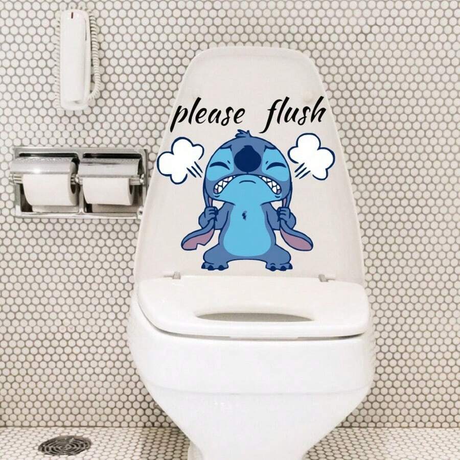 Disney 1pc Creative And Interesting Stitch "Please Flush" Cartoon Self-Adhesive Paper -PVC, Matte Surface. Toilet Wall Stickers And Toilet Bowl Stickers Suitable For Different Places,Interesting Bathroom Decorations, Home Decorations, Door, Refrigerator And Window Stickers,For School Supplies,Back To School