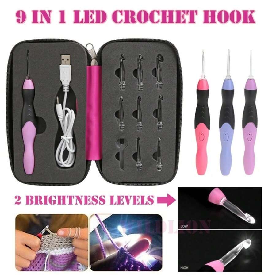 9 In 1 USB Light Up Crochet Hooks Handmade Knitting Needles LED Sewing Tools Set Weaving Sweater Kit Sewing Accessories