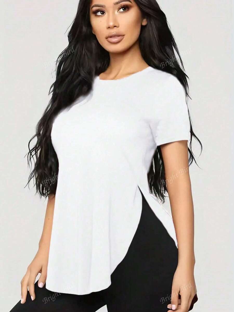 Trioutop Camiseta de manga corta y gran tamaño con aberturas laterales, top casual de cuello redondo