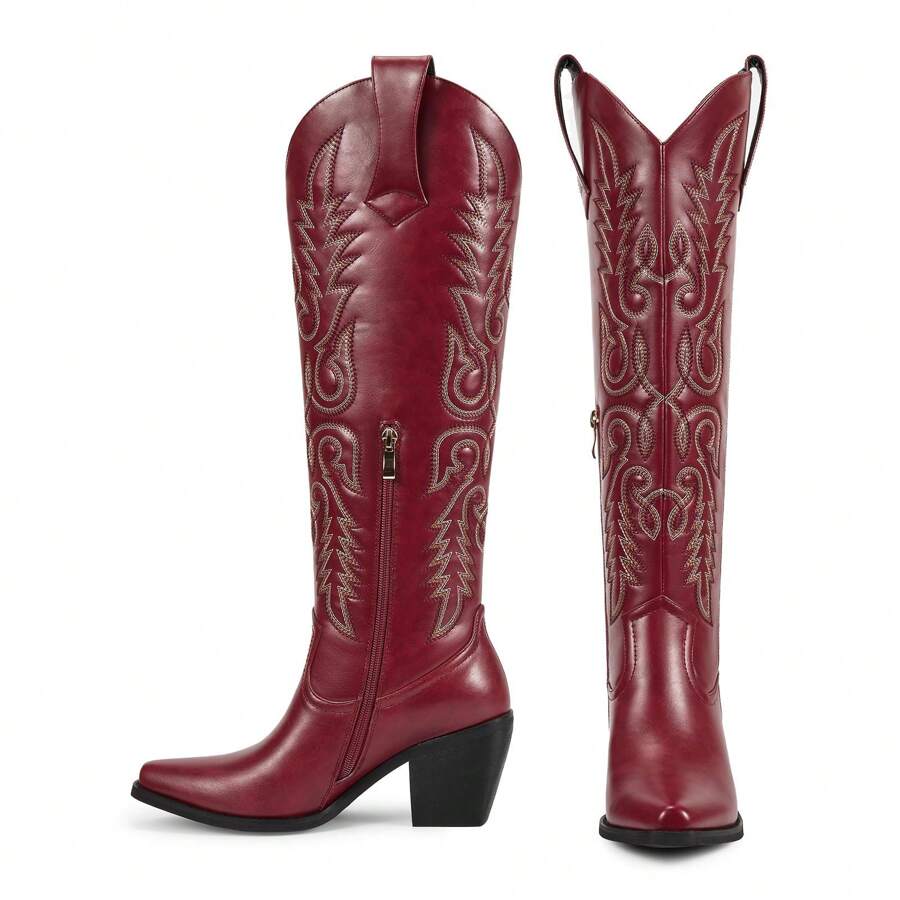 Cowboy Boots For Women Embroidered Knee High Cowgirl Boots Womens Retro Western Boots Pull On Tall Boots With Chunky Heel Pointed Toe