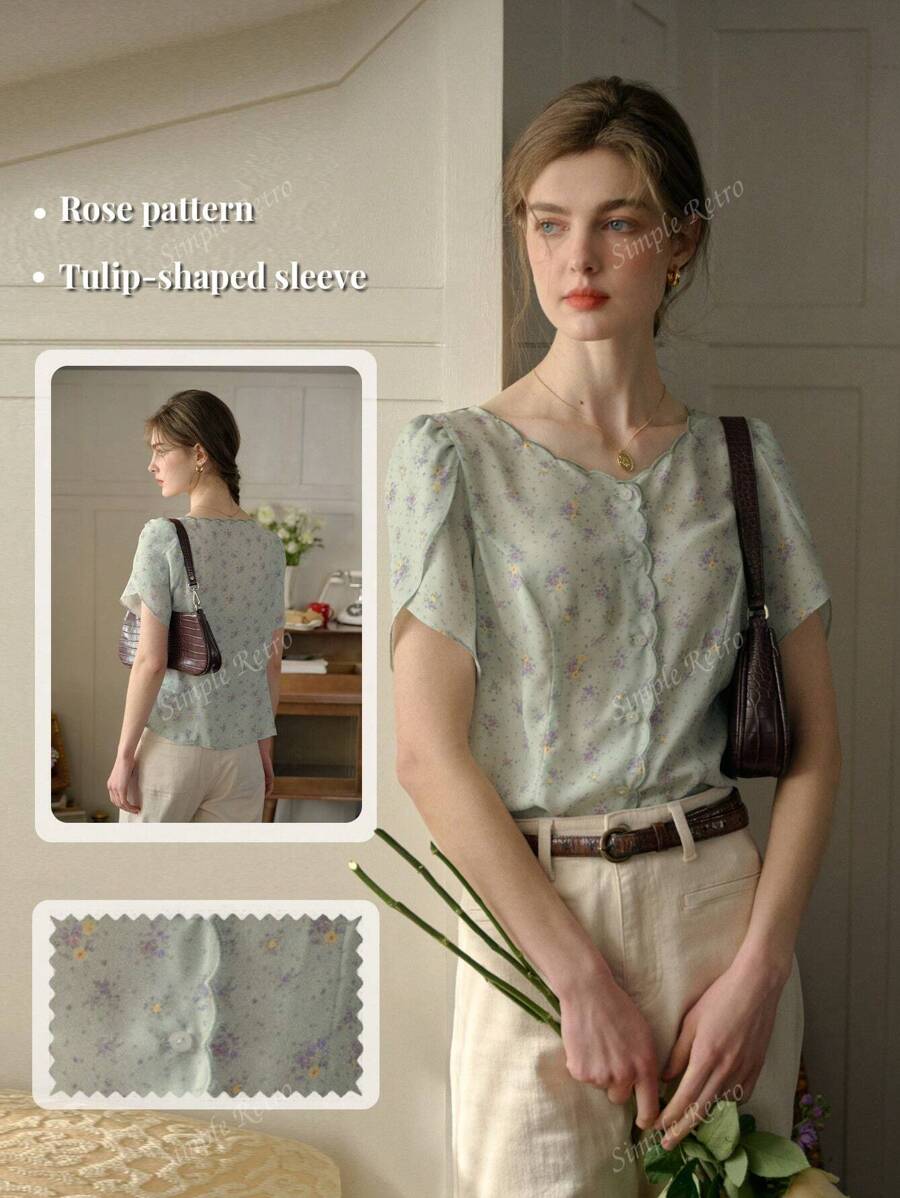 Simple Retro Dames overhemd met kleine bloemenprint en knoopjes en bloemblaadjesmouwen, zomertopjes, elegante Franse tops