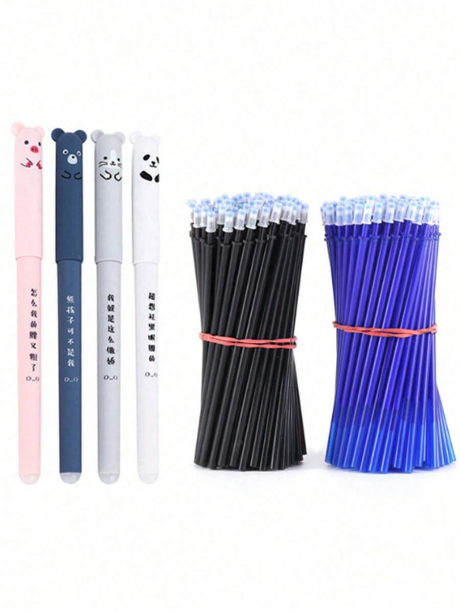 4pcs Pens With 20pcs Refills, Needle Tube, 0.35mm Cartoon Animal Themed Erasable Gel Pen Set