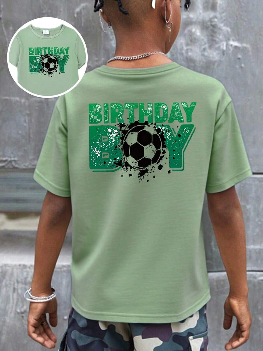 Tween-Jungen Lässiges T-Shirt mit Buchstaben- und Fußball-Print, lockeres Kurzarm-T-Shirt, Sommer