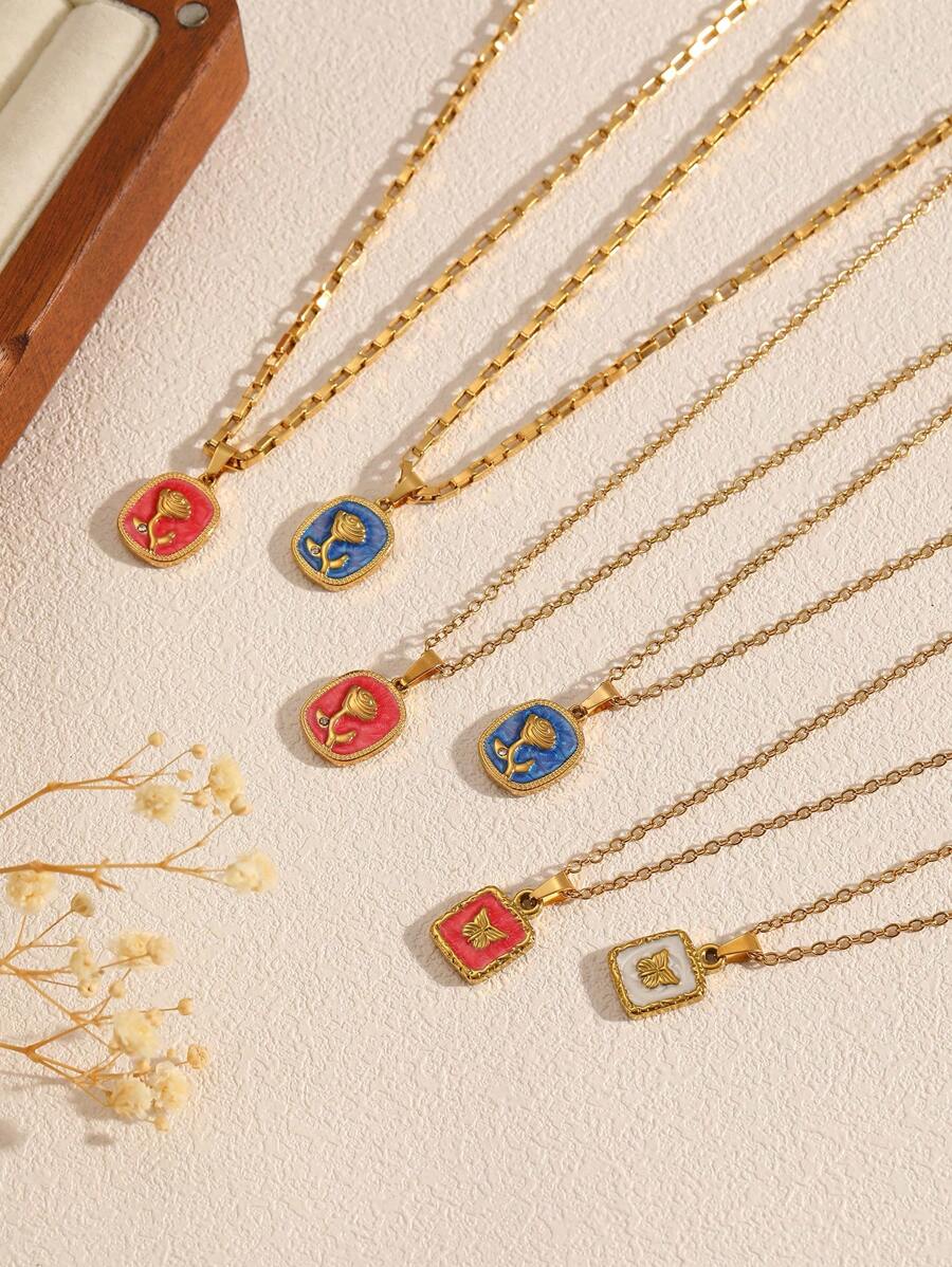1 buc/set colier elegant vintage la modă, cu flori de trandafir și fluture, colorat, emailat, din oțel inoxidabil placat cu aur de 18K, cadou unic, excelent pentru el/ea