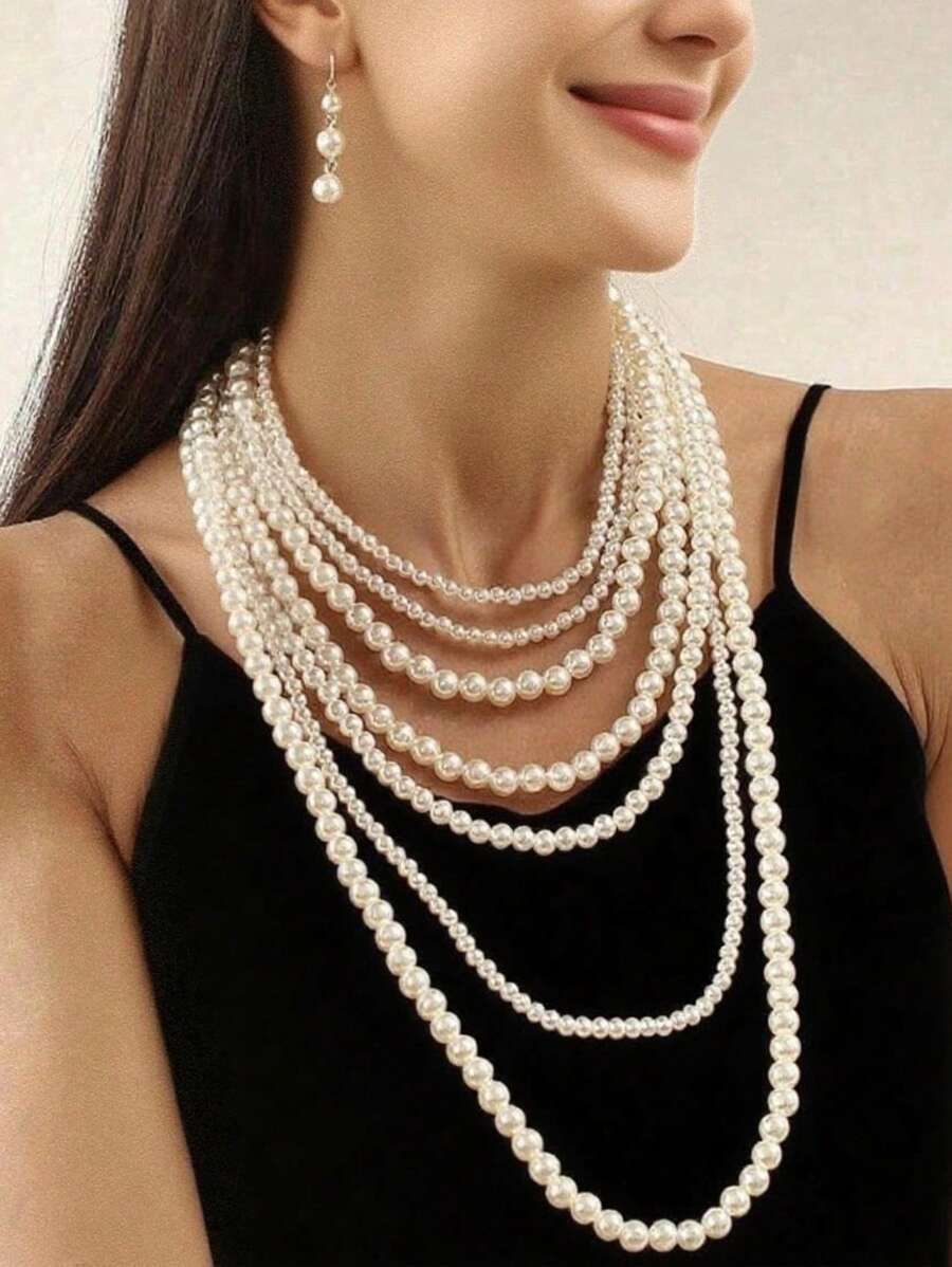 3pcs Vintage Minimalist Multilayer Pearl Sweater Chain Necklace Earrings Jewelry Set