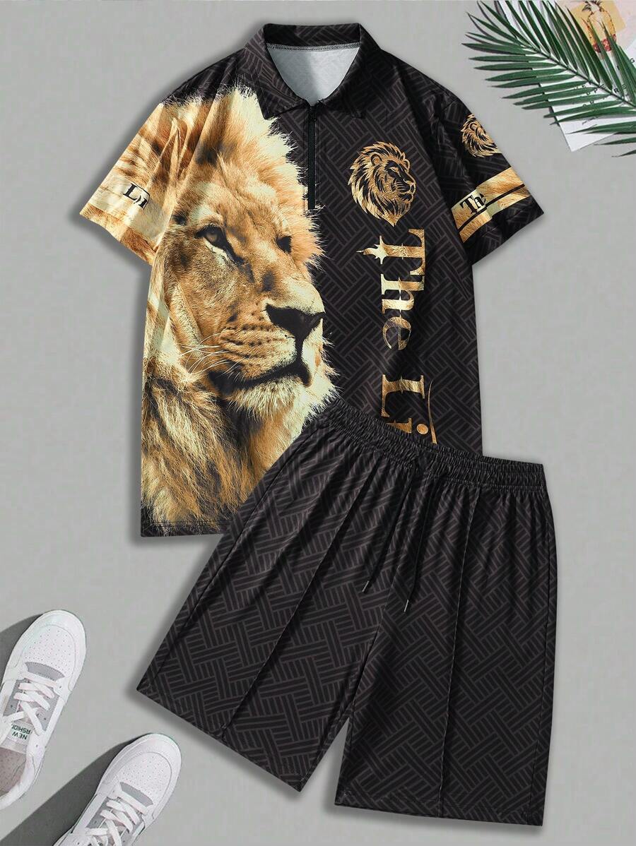 Completo sportivo casual da uomo, composto da polo shirt con stampa completa del leone e pantaloni corti fino al ginocchio, adatto per l'estate