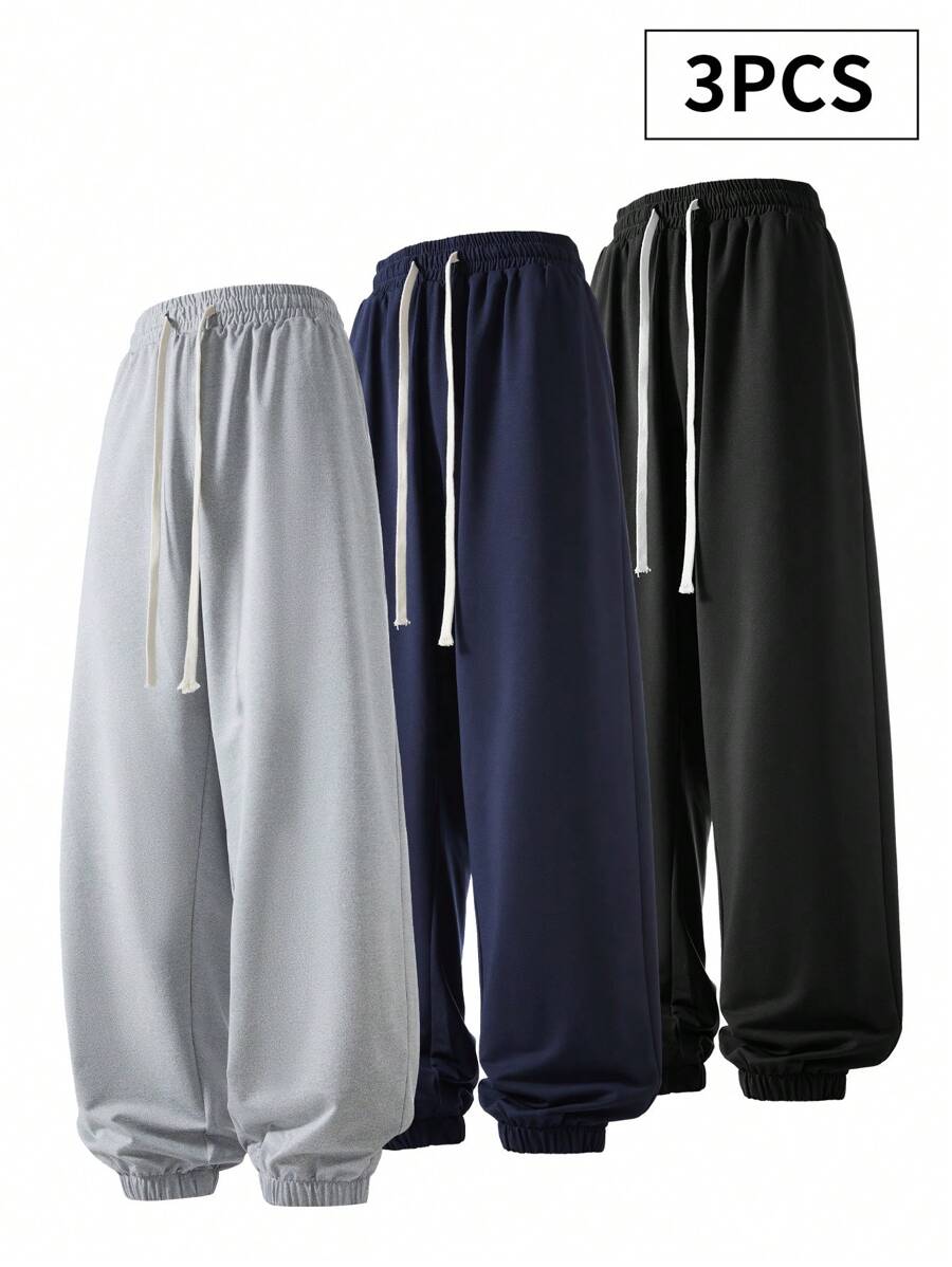 Set de 3 pantalones de chándal casuales para hombre de talla grande, pantalones deportivos sólidos y holgados con cordón en la cintura