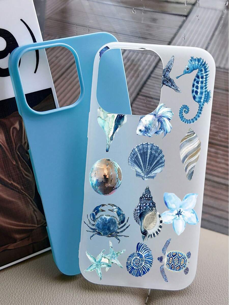 1pc Summer Dopamine Ocean Blue Sea Turtle Shell Crab Pattern Colorful Cute Jelly Pudding Waterproof Shockproof Anti-Slip TPU 2-In-1 Soft Phone Case Fitted Compatible With Apple Mobile