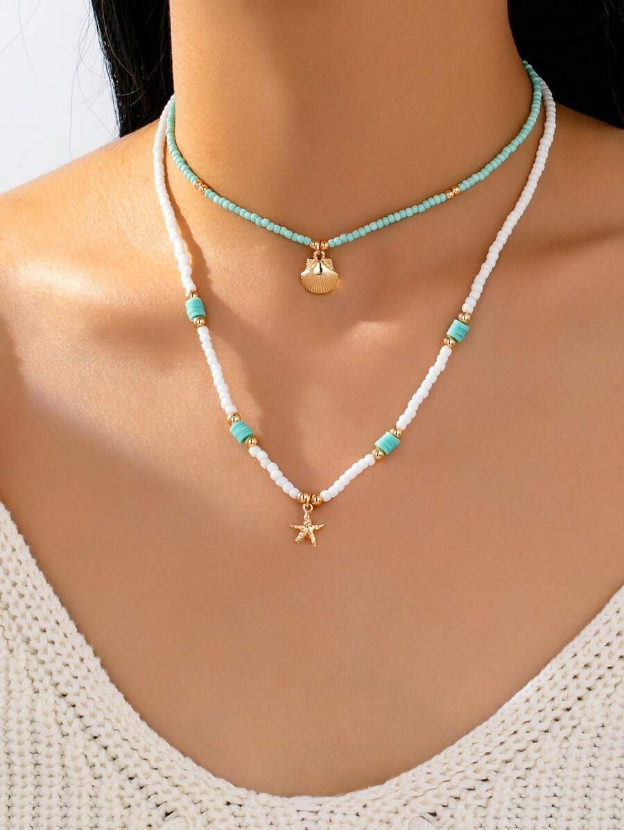 2 Peças Conjunto de Colares com Contas de Semente em Estilo de Férias de Verão, Pingente de Estrela do Mar, Colar de Concha, Joias Femininas da Moda Adequadas para Uso Diário, Praia, Viagem