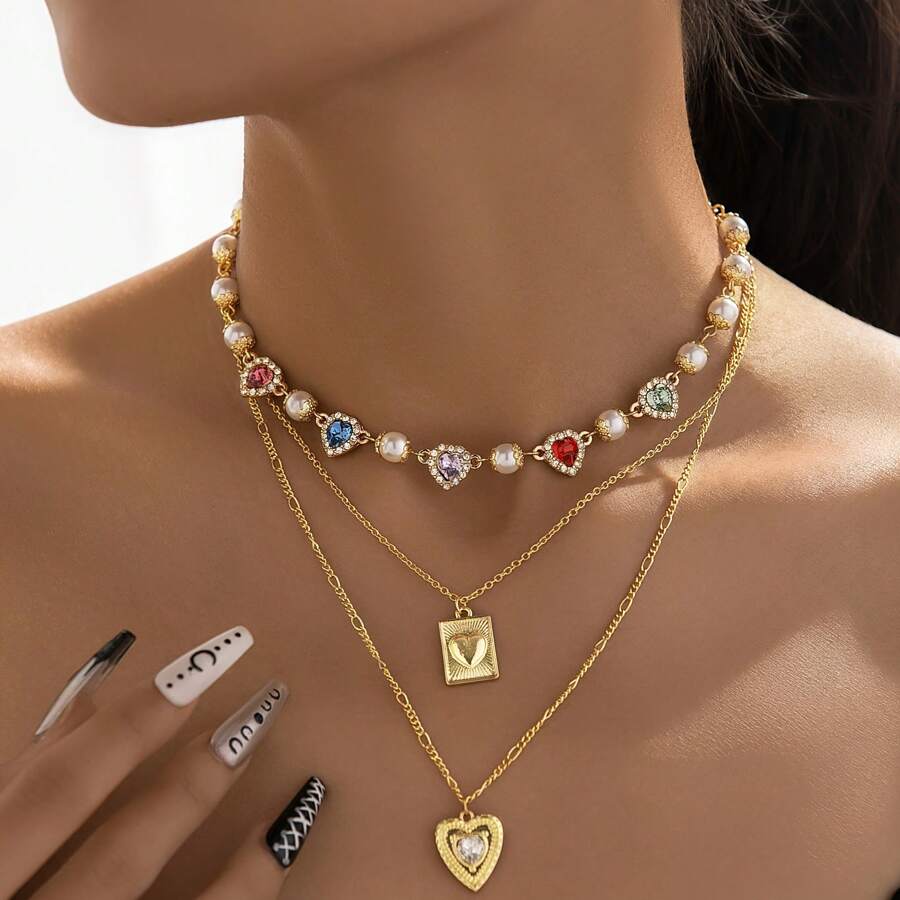 1 Set Of Multi-Chain Necklace For Women With Imitation Gemstone Heart Pendant In Five Colors, Personalized Design, Exquisite Party Style, Cool