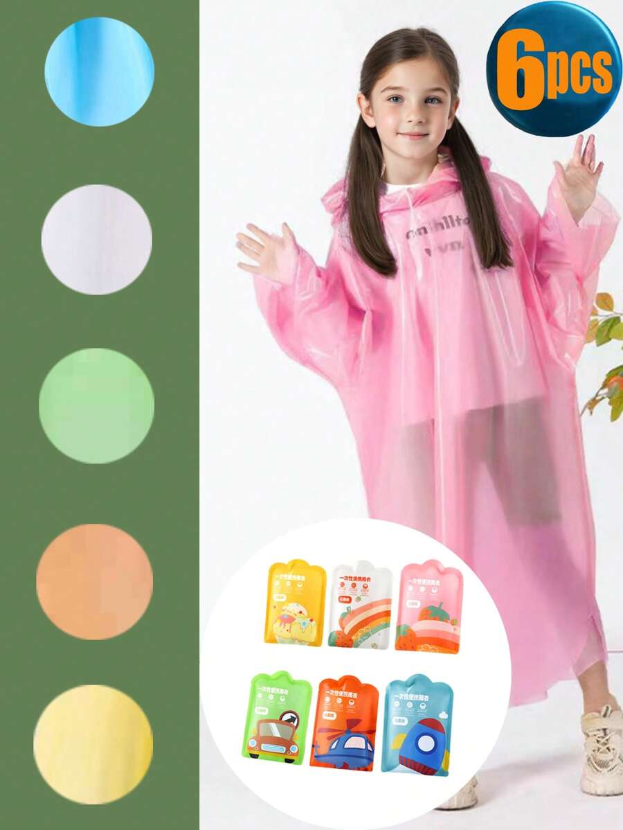 6 stuks wegwerpregenponcho voor kinderen, verdikt, volledig waterdicht met rugzakgat, voor jongens en meisjes, geschikt voor buitenactiviteiten en school