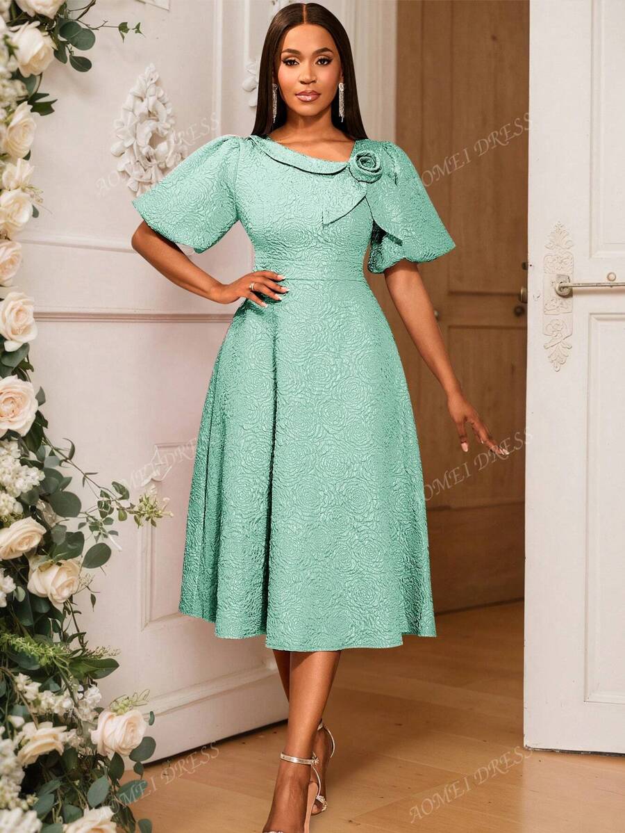 Women's Rose Jacquard Commuting Embossed Elegant Short Sleeve A-Line Puff Sleeve Cocktail Party Graduation Dress,For Birthday, Wedding Guest, Graduation, Dinner, Homecoming,Back To School