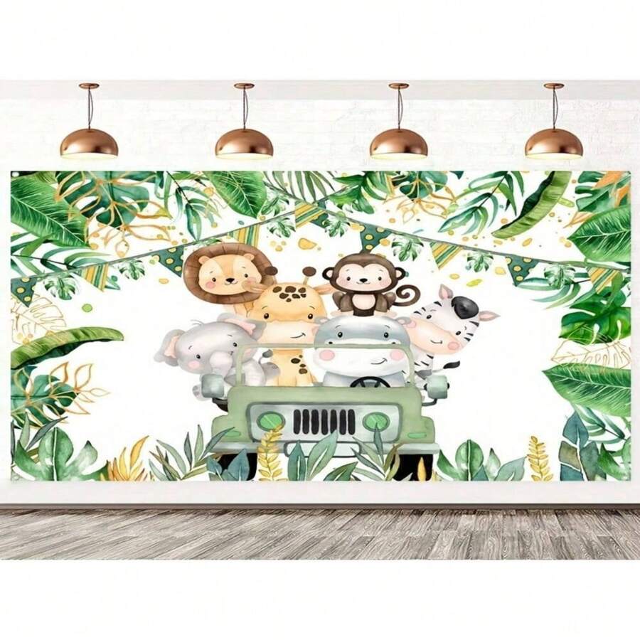 One, Wild Animal Themed Party Background, Happy Birthday Polyester Background, Birthday Party Decoration, Green Forest, Wild One-Year Birthday Supplies