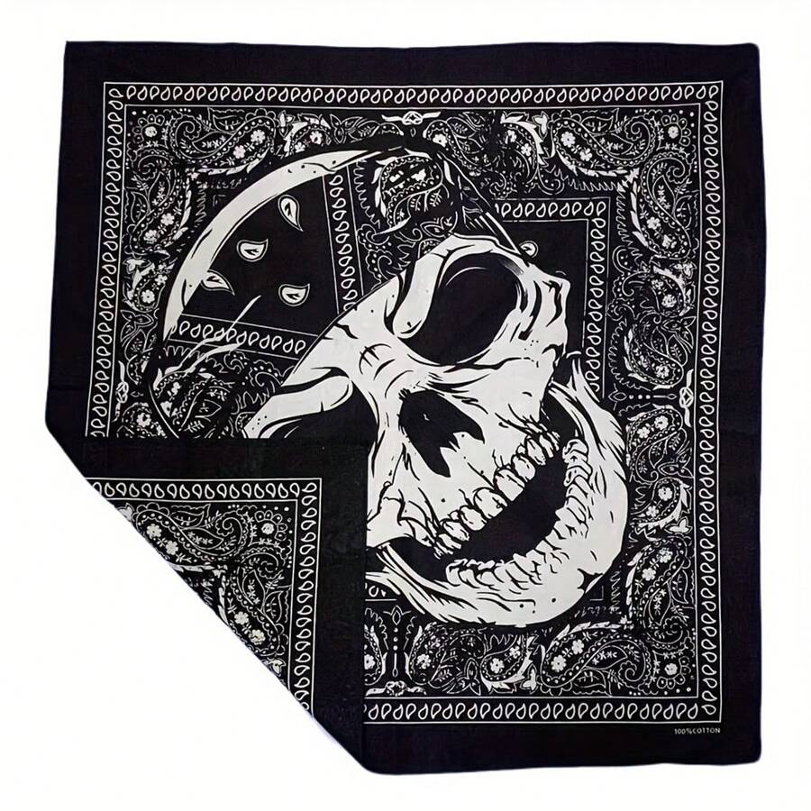 1pc Solid Color Bandana - Skull & Vintage Paisley Print Square Scarf, Black & White, Machine Washable, Unisex Motorcycle Riding Outdoor Fashion Accessory, Motorcycle Gear, Avant-Garde Fashion Piece, Exquisite Pattern Design, Halloween Skull Print Bandana Skull Paisley Pattern Polyester