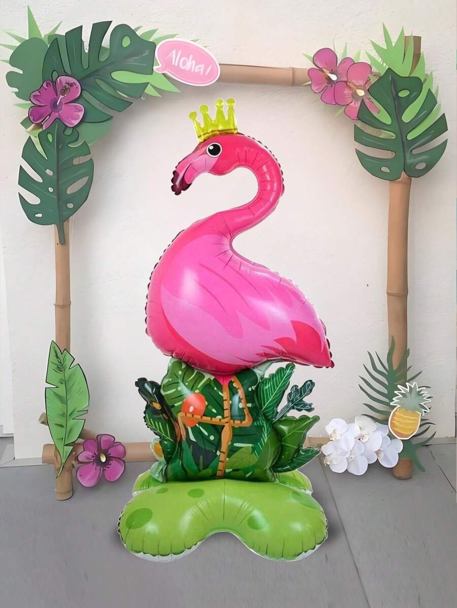kumozawa 1pc 155.45cm Large Flamingo Aluminum Foil Balloon With Tropical Jungle Base - Vibrant Pink Flamingo & Green Foliage Design, Ideal For Hawaiian Luau, Birthday Parties, And Summer Celebrations, Flamingo Decor