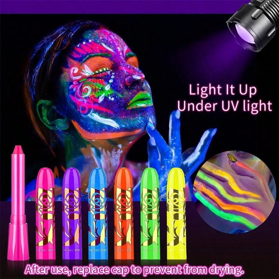 Ensemble de pinceaux pour le visage qui brillent dans le noir - 6 bâtons de maquillage à la lumière noire, stylo fluo, utilisés pour Halloween, Mariglass et masques, couleurs vives, éclat fluorescent, utilisés pour les fêtes et événements, maquillage d'Halloween | Bâtons lumineux vifs | Peintures faciales fluo, vêtements qui brillent dans le noir