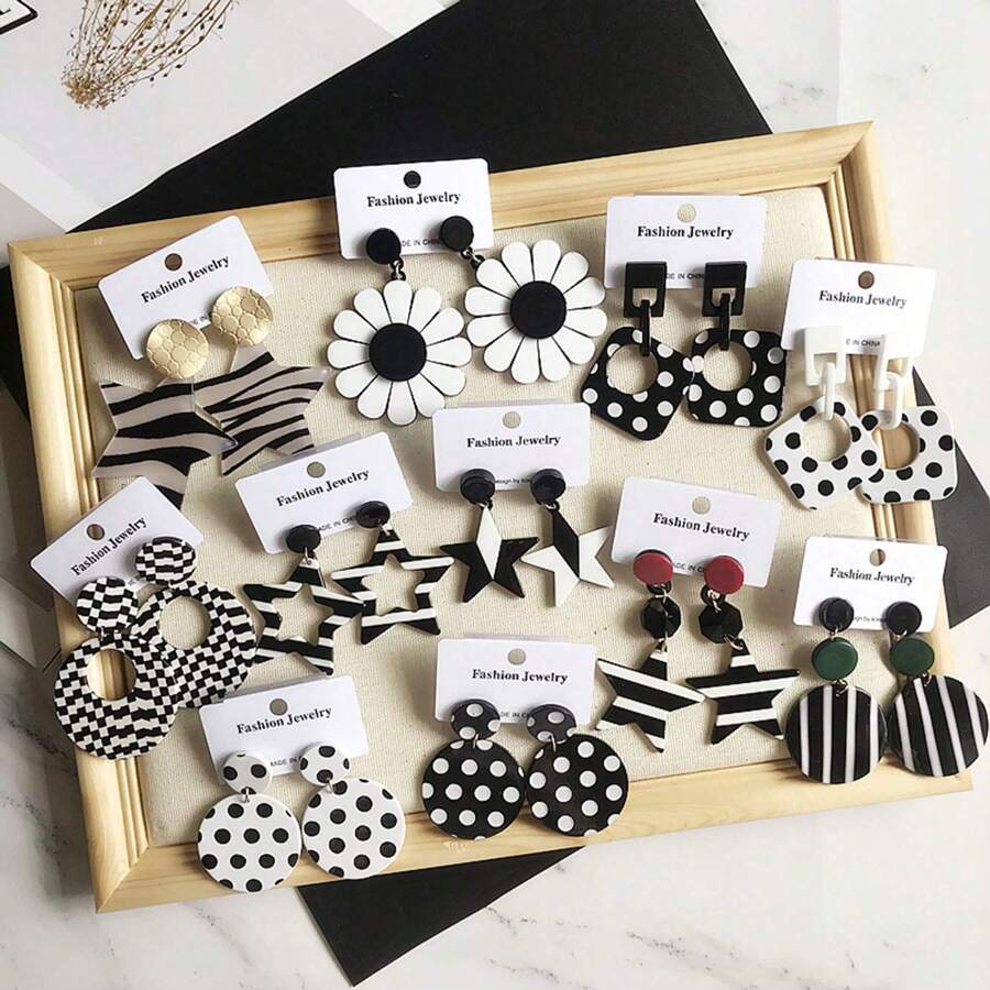 4/2pcs Simple Personality Black & White Polka Dot Acrylic Earrings For Women, Lightweight, Fashionable, Hypoallergenic, Suitable For Work, Beach, Street Style, Party, Holiday, Daily Wear, Back To School Season