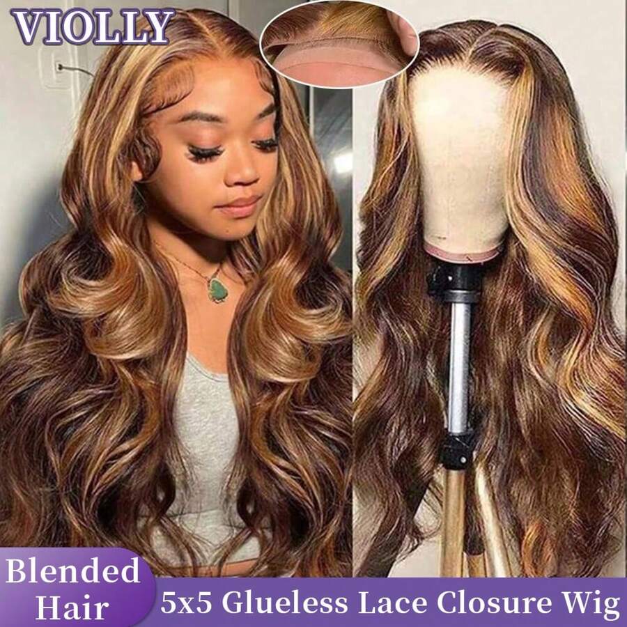 VIOLLY VIOLLY 200 High Density 5x5 Glueless Ombre Lace Front Wig Blended Human Hair Highlights Honey Blonde Body Wave Pre-Cut Lace & Pre-Plucked Hairline For All Ethnicities Realistic Hairpiece | Natural Elegant Look | Natural Appearance