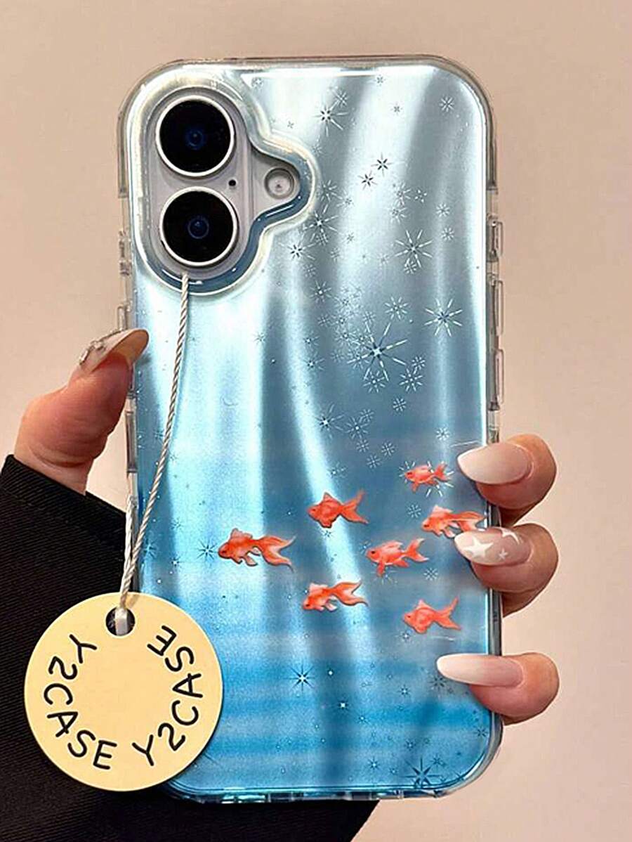 Ocean Cute Fish Gradient Blue Laser Phone Case Compatible With IPhone 16 15 14 13 12 11 Pro Max Korean Summer Goldfish Shockproof Bumper Protective Back Cover