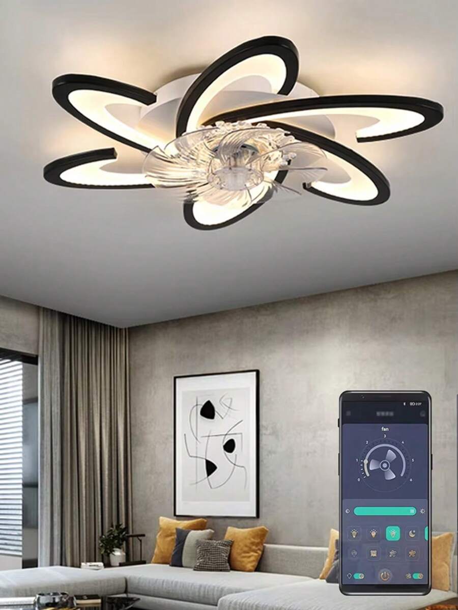 220V White/Black Bedroom Fan Light - 6 Petals, Silent Fan, Eye Protection Light Source, Remote Control Adjustable, Dining Room, Living Room Home Decoration, Adjustable Wind Speed (1-6)