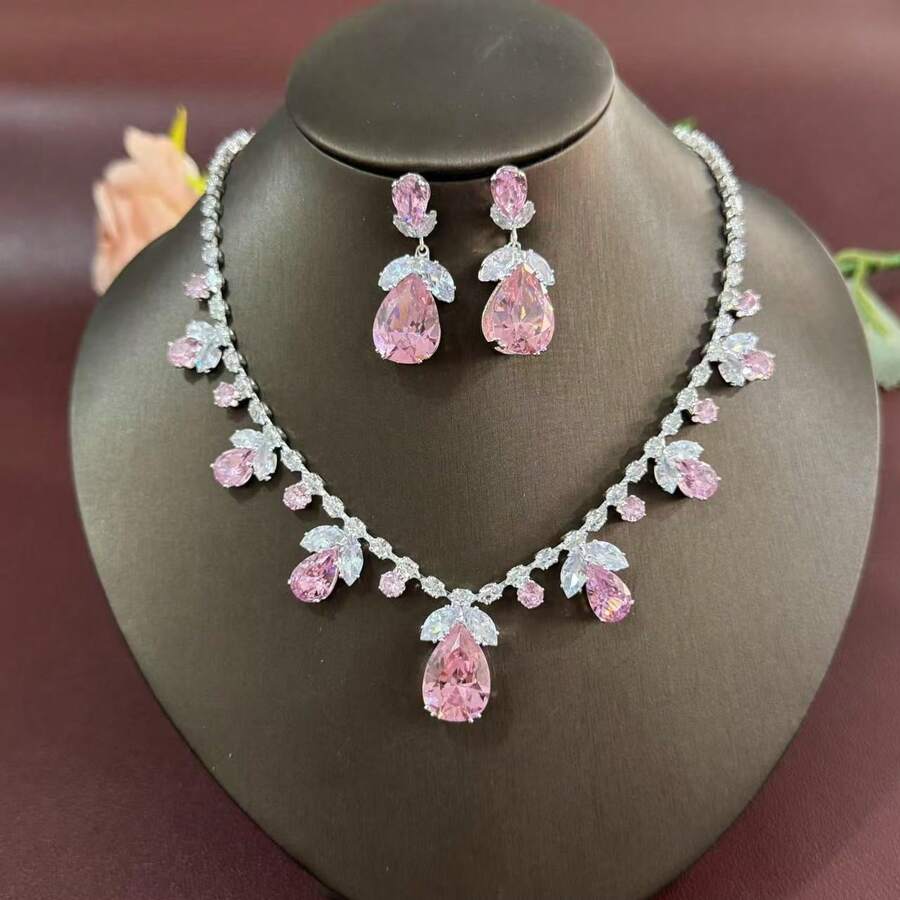 3PCS Universal Fashion Zirconia Luxury Necklace Circle Pink Tulip Suit Ins Live Burst Wear Slide Slide