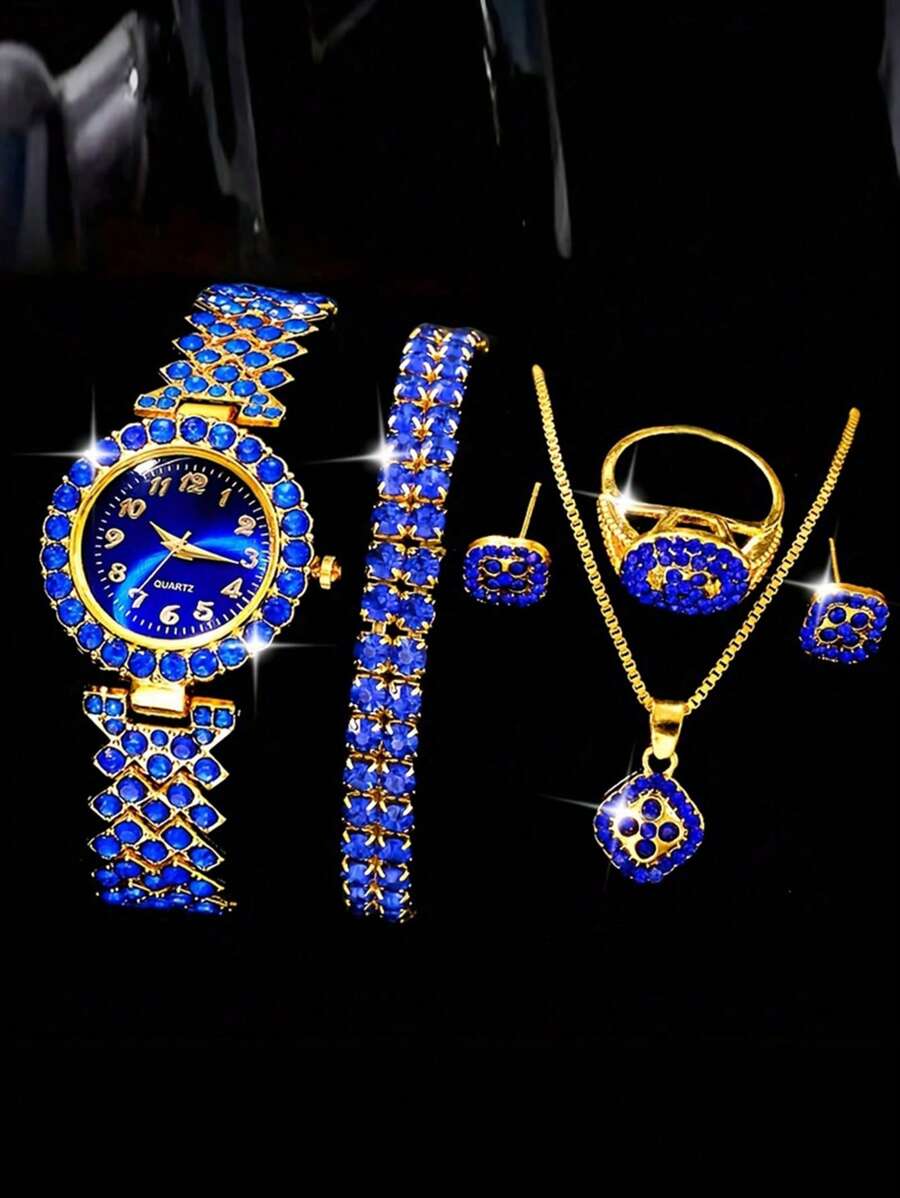 Conjunto de 6 relógios femininos, relógio digital feminino de liga metálica, simples e moderno, luxuoso, com strass azul, conjunto de pulseiras de liga metálica azul, colar, pulseira, brincos, anel, conjunto de relógio e pulseira, adequado para reuniões diárias, um presente para mães