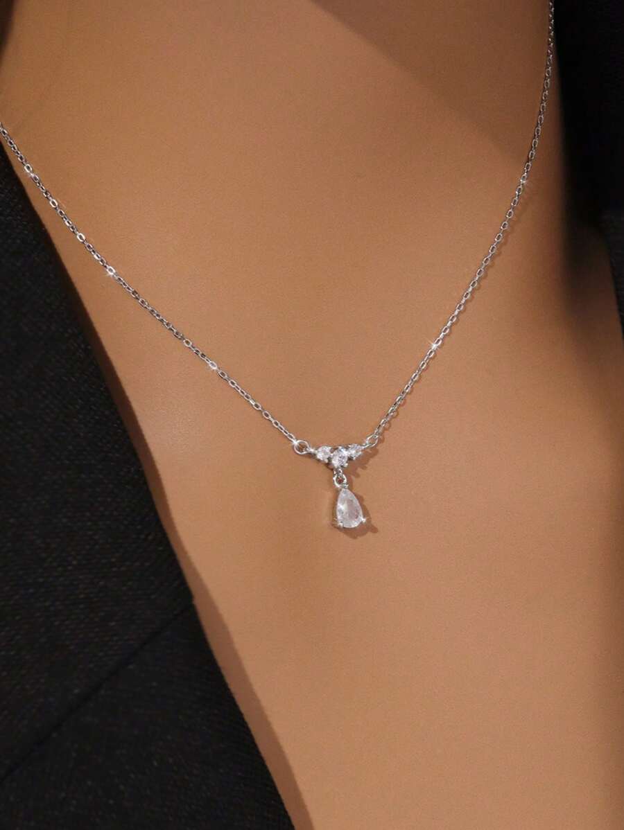 1pc S925 Sterling Silver Teardrop Shaped Gemstone Pendant Necklace, Showcases Elegant Charm, High Quality Jewelry, Suitable For Women's Daily, Party And Anniversary Outfits