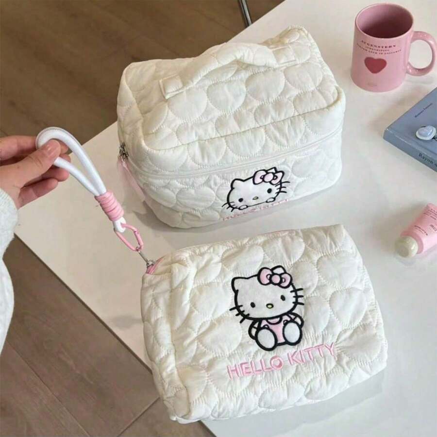 Sanrio 1 pieza Bolso de cosméticos de gran capacidad de Hello Kitty de Sanrio, diseño de dibujos animados lindo, bolsa de almacenamiento multifuncional de gran capacidad y duradera, bolso portátil adecuado para viajes o uso diario