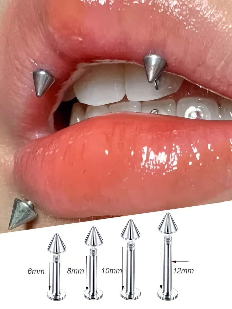 2Pcs Set Of Pointed Lip Studs Snake Bite Stainless Steel Spiral Perforated Ear Cartilage Earrings Ear Studs Body Accessories Punk Style 16G 12mm