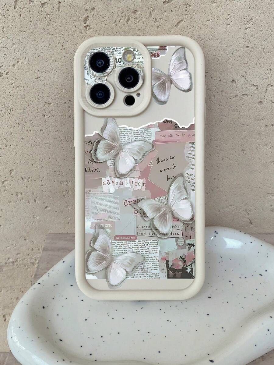 1 pieza Funda de teléfono con diseño perforado y estampado de mariposa, resistente a los golpes y de color blanco lechoso, compatible con iPhone 11 Pro Max/12 Pro Max/13 Pro Max/14 Pro Max/15 Pro Max/16 Plus/16 Pro Max, 16E, Galaxy A55/A15/S24 Ultra, Redmi, OPPO/Realme, VIVO, Infinix, Honor, MOTO, One Plus