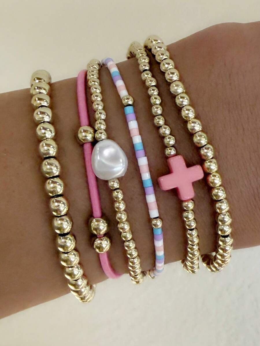 6 Stücke modisches, zartes goldenes CCB Perlen Kreuz Mehrschicht Stapelarmband Set, geeignet für den täglichen Gebrauch, Dates, Partys und als Geschenk für Frauen