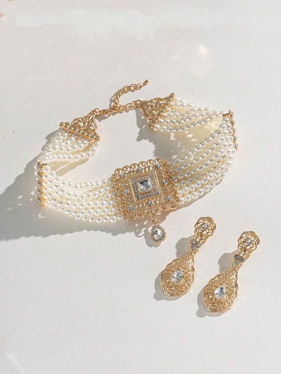 1 Set de Collar y Pendientes de Perlas Falsas, Juego de Joyas Nupciales, Tono Dorado Marroquí