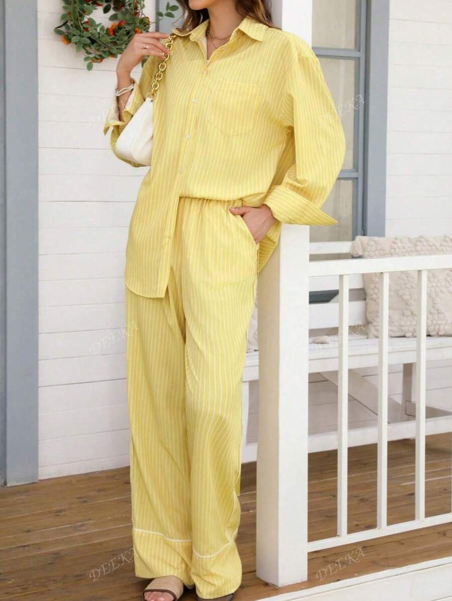 Ensemble chemise ample à rayures à manches longues avec épaules tombantes et unique boutonnage, et pantalon large style français décontracté, pour le printemps et l'été, DEEKA, couleur jaune papillon