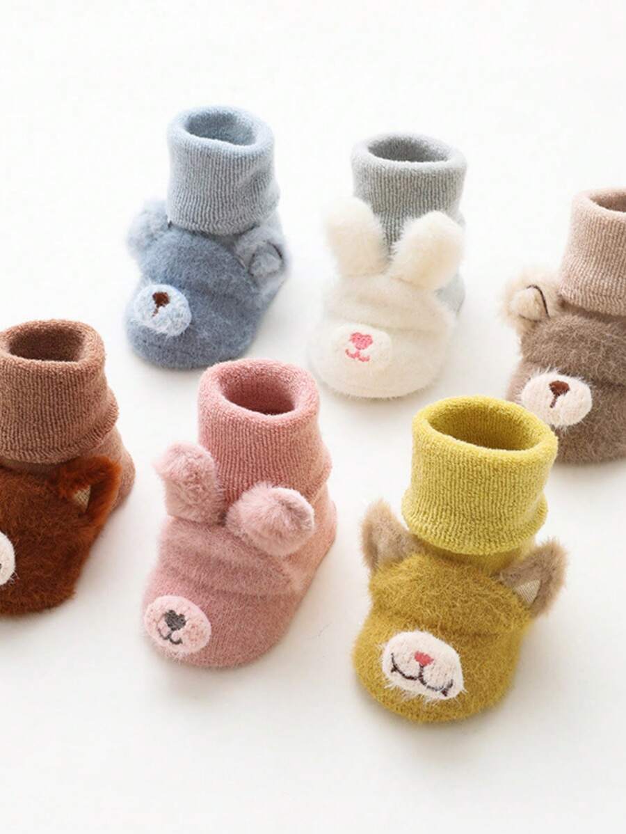 1 Pair 0-3 Years Old Cute Cartoon Printed Mid-Calf Socks, Soft Warm Comfortable Anti-Slip Sole Socks, Suitable For Beginner Walkers, Autumn/Winter