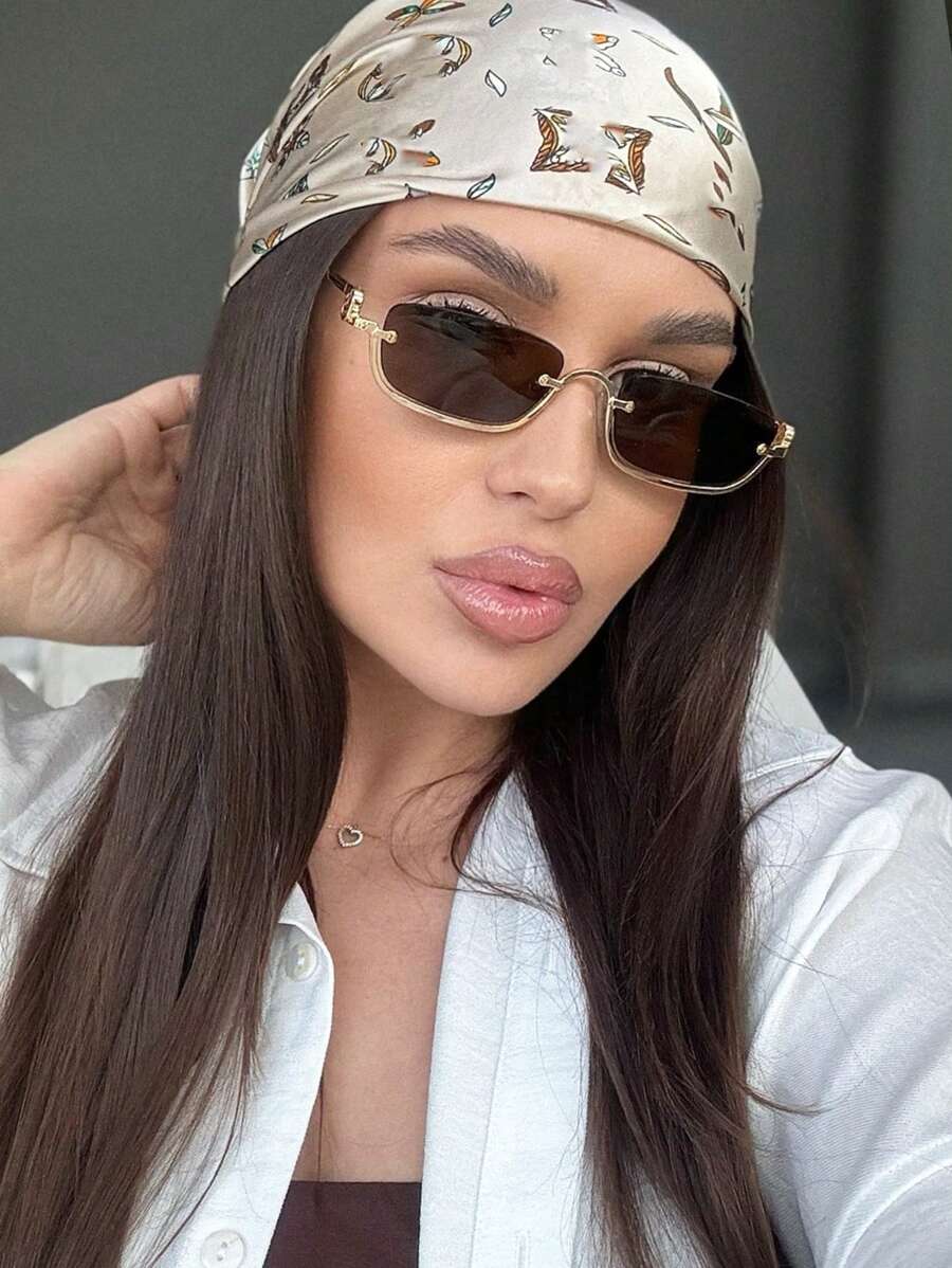 1 pieza Gafas de moda de mujer con montura metálica de media montura, con forma cuadrada, estilo callejero europeo y americano, estilo universitario versátil para volver a la escuela, con forma rectangular