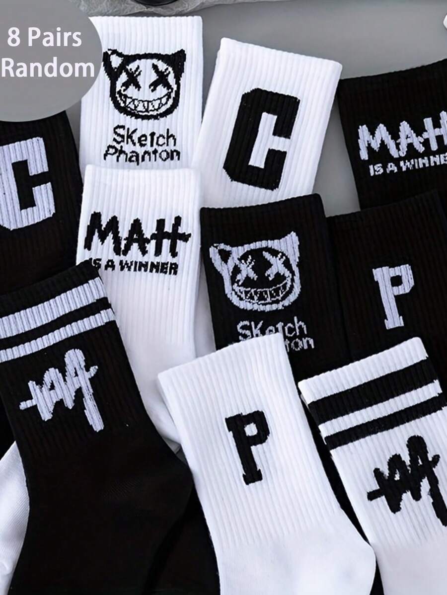 8 pares de calcetines versátiles hasta el tobillo con estampados surtidos de caras de fantasma y letras en negro y blanco