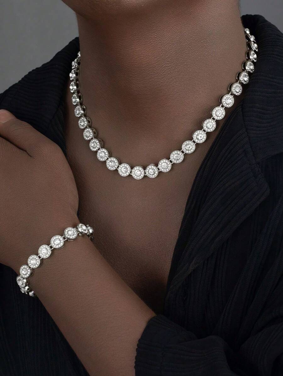 2pcs/Set European & American Fashion Men's Round Ice Sugar Rhinestone Necklace, Street Dancehall Hip-Hop Brand, Simple & Chic, Unisex Accessory, Cuban Chain, Holiday Gift