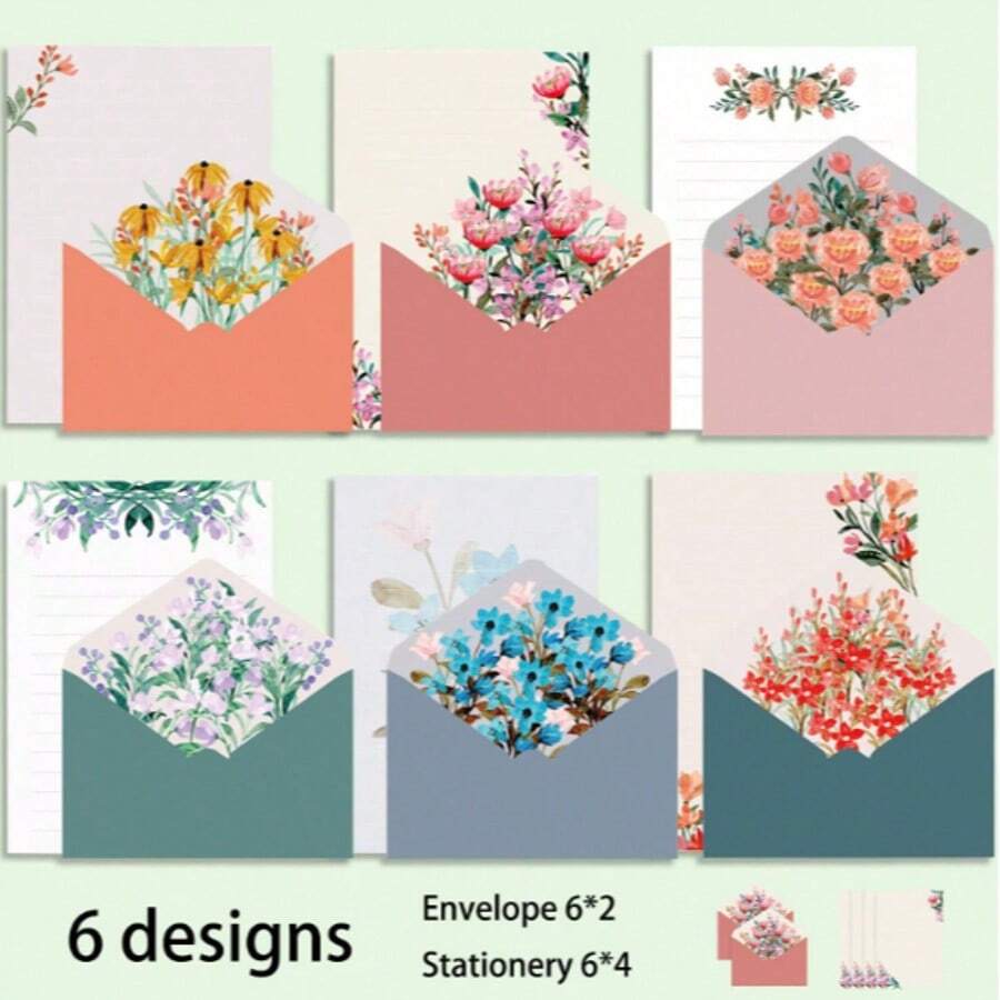 6 pezzi set di cartoleria - carta da lettere e buste vintage con motivi floreali - 12 fogli di carta da lettere e 6 buste per scrivere lettere - 6 stili diversi - perfetto per ogni occasione (stile casuale), per forniture scolastiche, ritorno a scuola