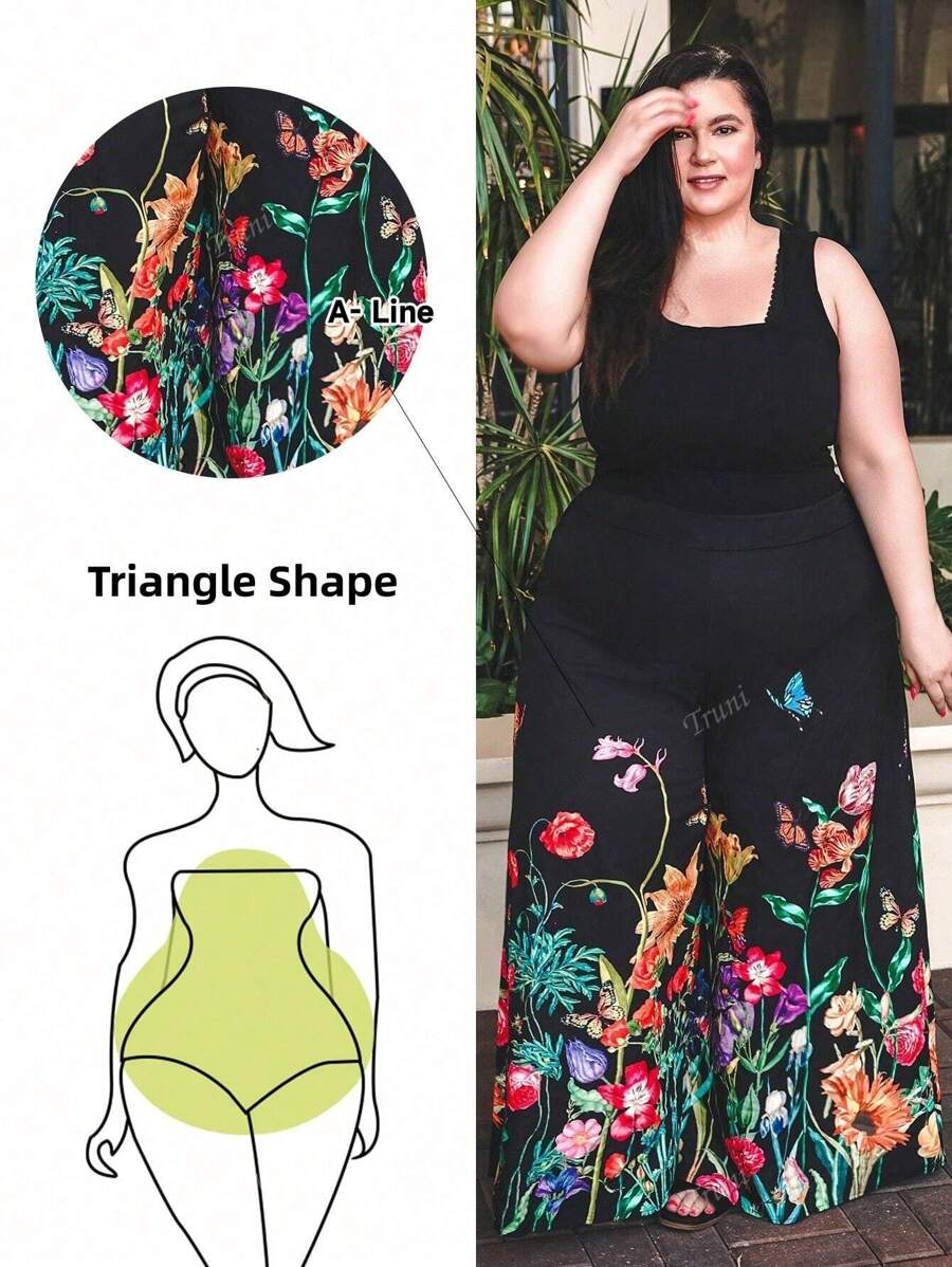 Truni VCAY Plus Size Floral Print Wide Leg Casual Holiday Pants Vacation Vacation Outfits Woman Summer Outfits For Women Spring Outfits For Women Teacher Outfits For Women Beach Vacation Outfits Tropical Vacation Woman Clothes