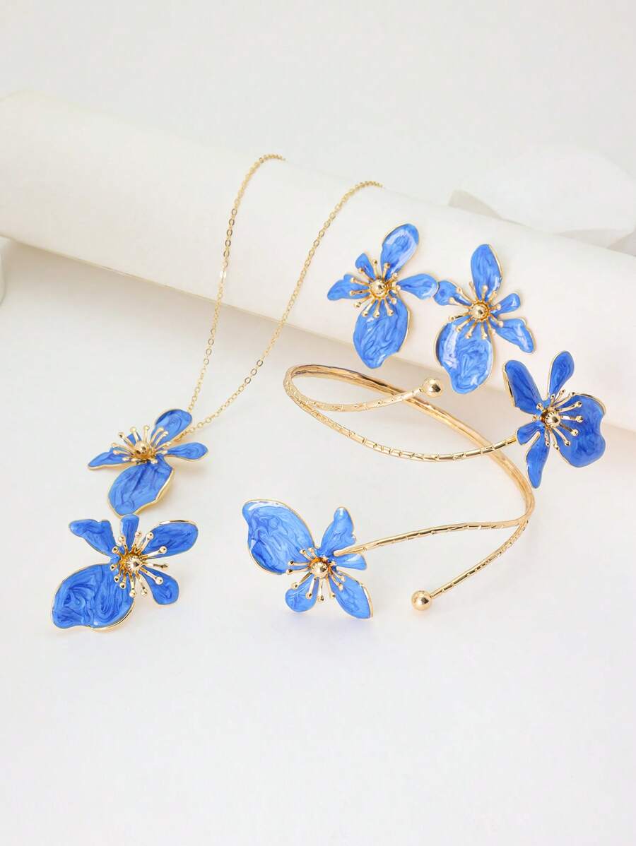 Summer New Countryside Style Blue Asymmetrical Flower Pendant Necklace, 1 Pair Earrings, 1 Ring, 1 Bracelet Set