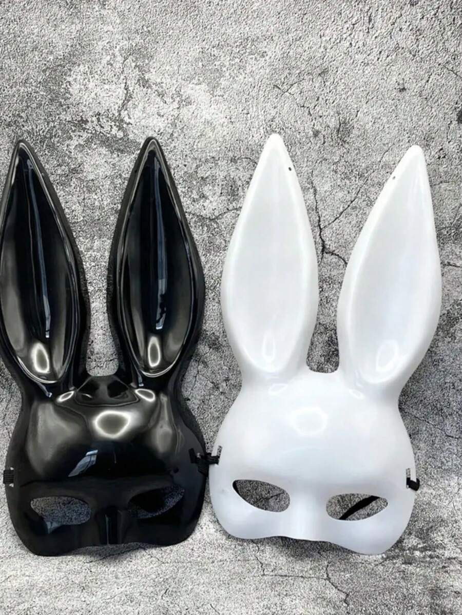 1 pièce Masque de lapin - Masque de mascarade en plastique noir et blanc brillant avec bandeau élastique, convient pour le carnaval et les costumes de fête - Design unique, durable et confortable