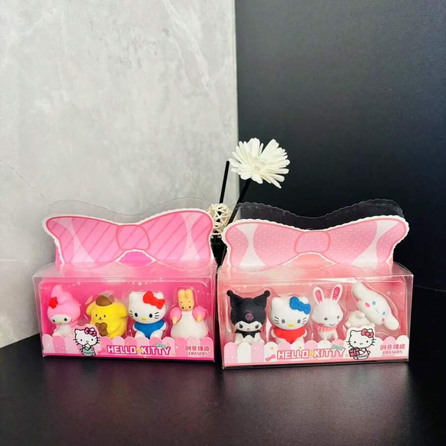 Sanrio 4pcs/Set Cute Sanrio Kuromi & Kitty Cat Themed Erasers, Creative Gift For Students,School Supplies,Back To School