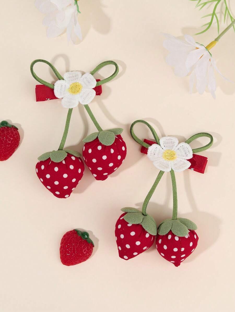 2pcs Stawberry Hair Clips For Girls Red Strawberry Fabric Alligator Clips Flower Embroidered Strawberry Hair Clips Cute Stawberry Fruit Barrettes Vacation Gifts Hairpins Teens Hair Accessories