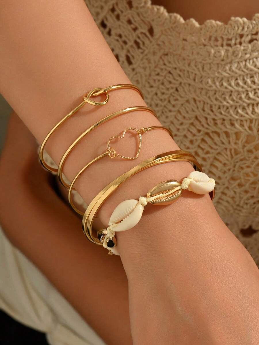 5 pièces/set Bracelet manchette vintage large, bracelet jonc asymétrique doré lisse. Idéal pour cadeau pour petite amie et meilleure amie.