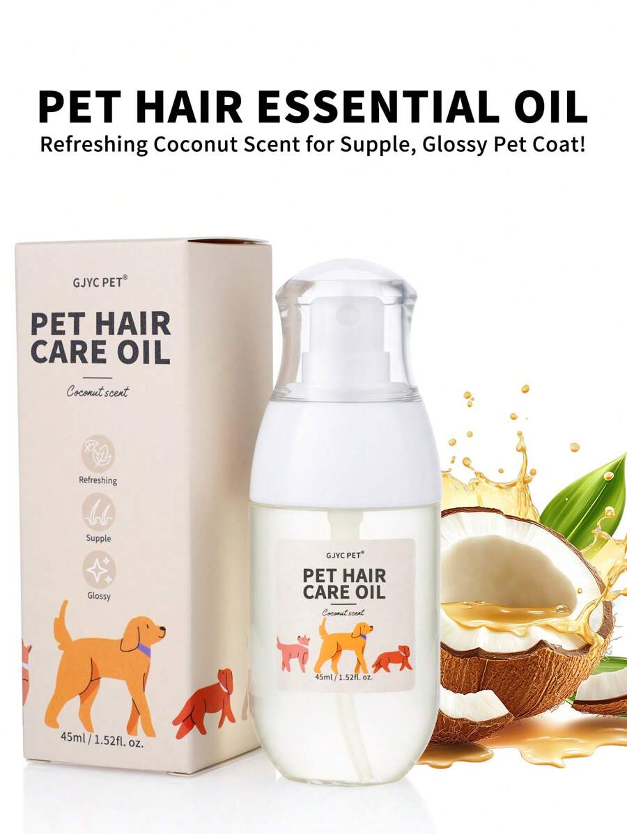 GJYC PET Premium Haarpflegeöl für Haustiere - 45 ml - Tiefe Nährstoffe, strahlender Glanz, müheloses Entwirren, Kokosduft mit langanhaltender Duftnote für einen gesünderes, seidigeres Fell